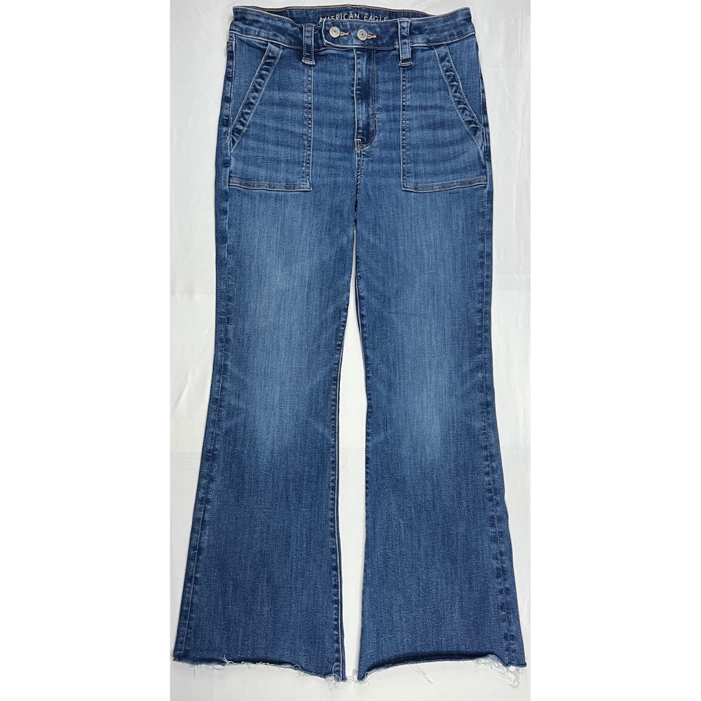 American Eagle Women 8 Regular Flare Jeans Medium Wash Raw Hem Patch Pockets